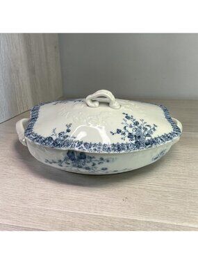 W.H. Grindley Blue & White Oval Serving Bowl With Lid - Flora Pattern